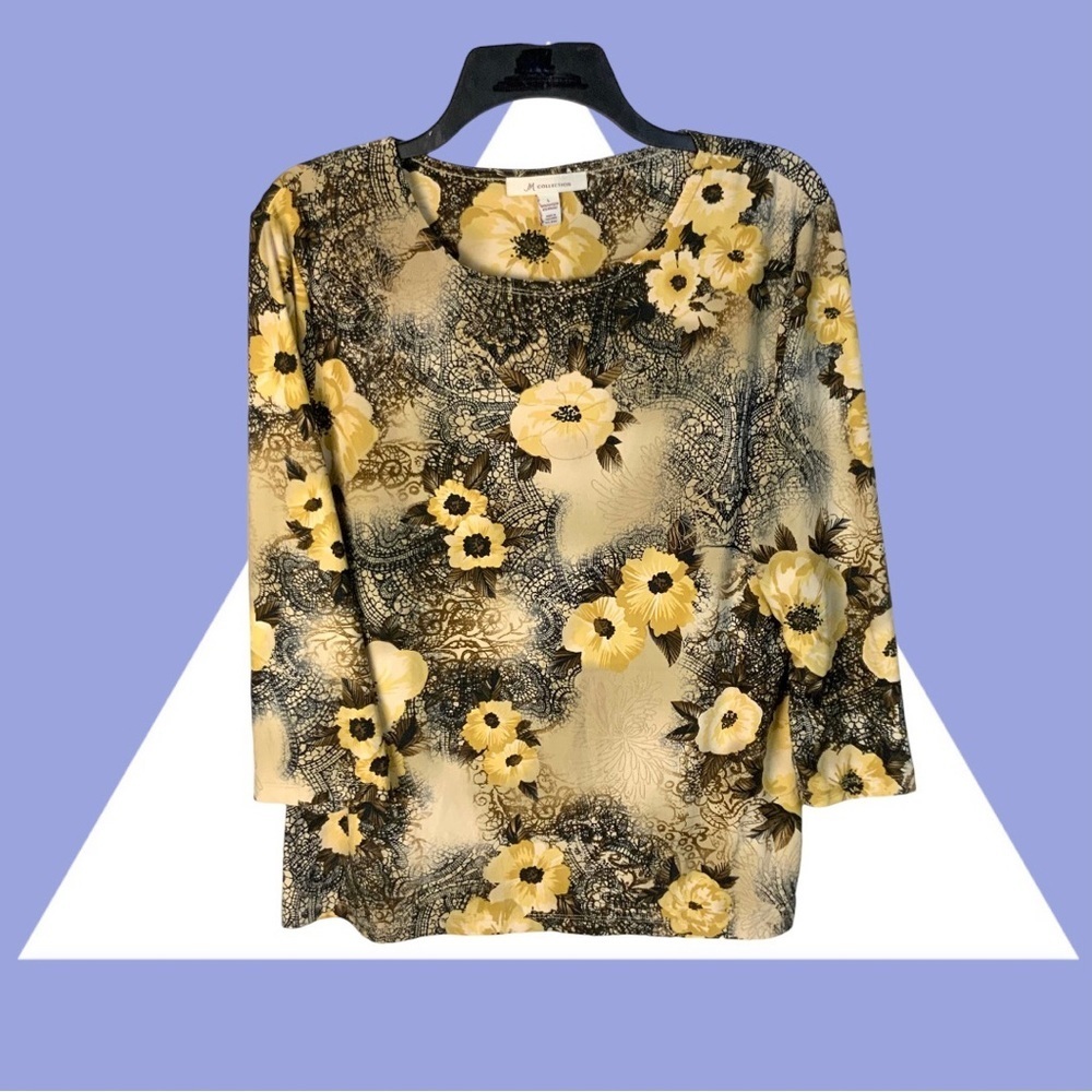 JM Collection Browns Black Tan Gold Floral Shirt Wm L
